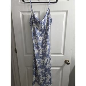 Inspired Hearts Women's Blue Floral Satin Maxi Dress Cowl Neck w Slit Med